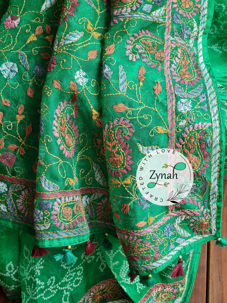 Zynah Green Color Pure Organza Silk Saree with Bandhani Prints & Kantha Embroidery; Custom Stitched/Ready-made Blouse, Fall, Petticoat; Shipping available USA, Worldwide