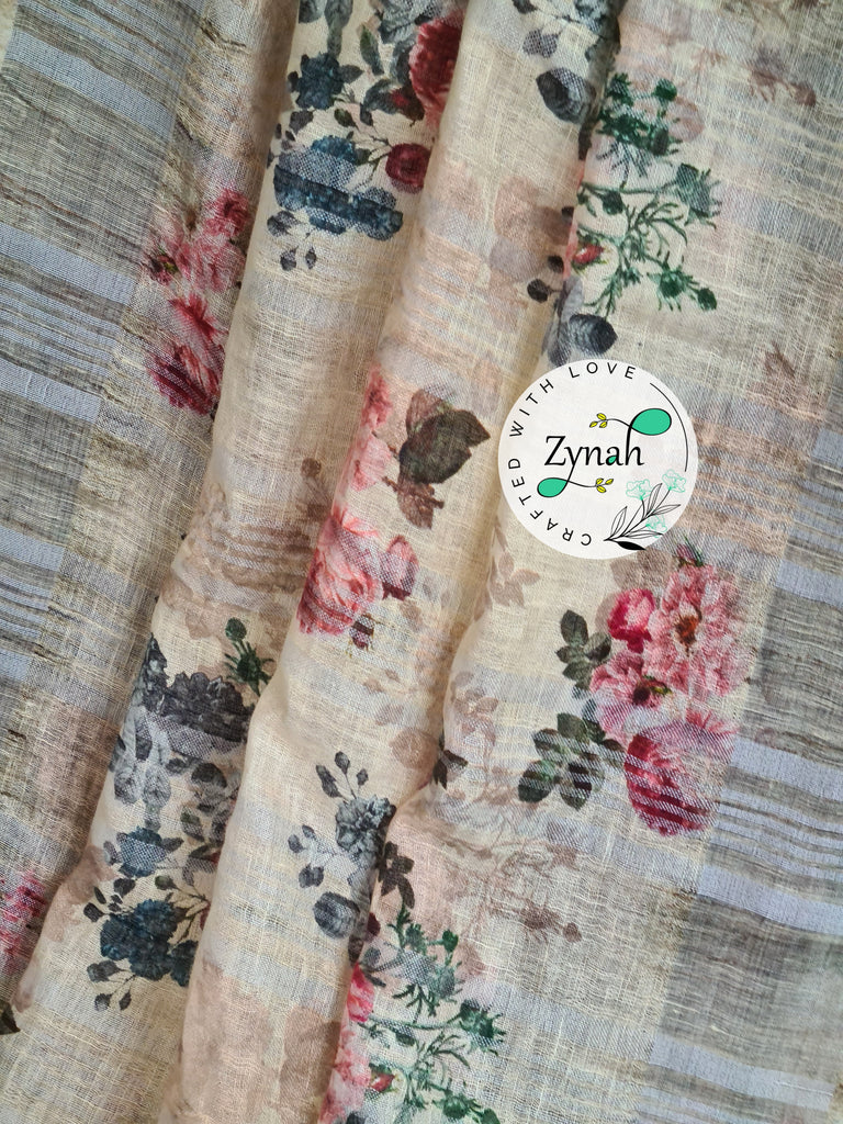 Zynah Off-white Color Organic Pure Linen by Linen(120c) Saree with Digital Floral Prints & Zari Border; Custom Stitched/Ready-made Blouse, Fall, Petticoat; Shipping available USA, Worldwide