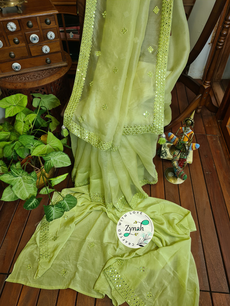 Zynah Green Color Pure Organza Silk Saree with Mirror Kutchi Work; Custom Stitched/Ready-made Blouse, Fall, Petticoat; Shipping available USA, Worldwide