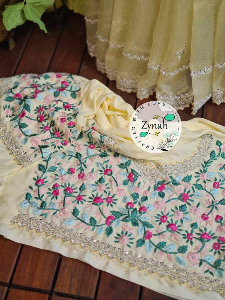 Zynah Yellow Color Pure Organza Silk Saree with Sequence, Pearls & Cut-dana Work; Custom Stitched/Ready-made Blouse, Fall, Petticoat; Shipping available USA, Worldwide