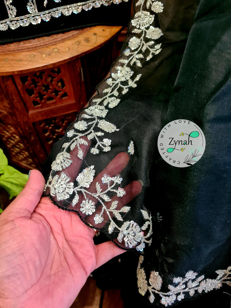 Zynah Black Color Pure Organza Silk Saree with Sequence & Cut-dana Work; Custom Stitched/Ready-made Blouse, Fall, Petticoat; Shipping available USA, Worldwide
