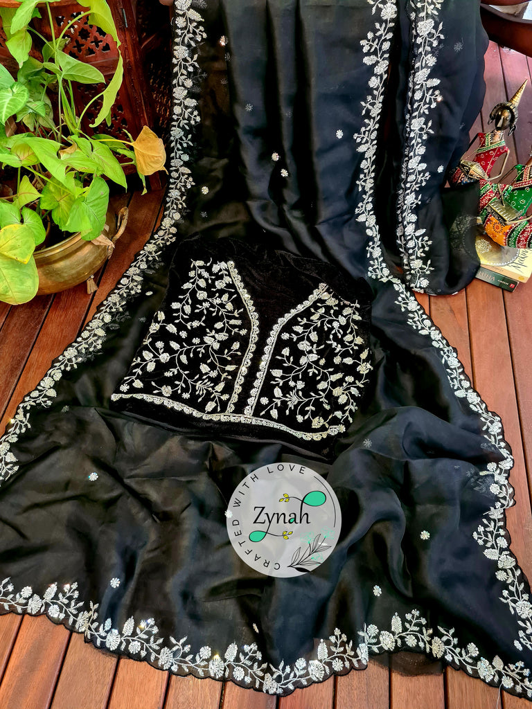 Zynah Black Color Pure Organza Silk Saree with Sequence & Cut-dana Work; Custom Stitched/Ready-made Blouse, Fall, Petticoat; Shipping available USA, Worldwide