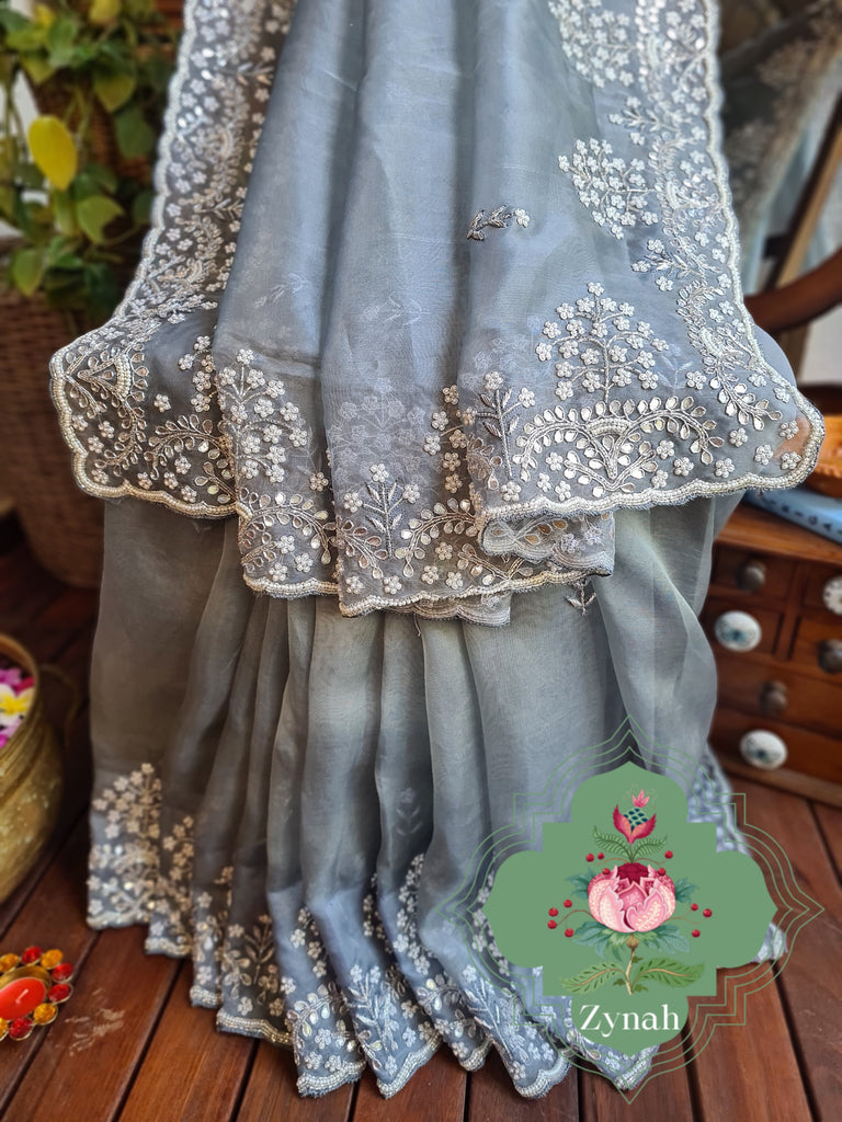 Zynah Grey Color Organza Silk Saree with Cut-dana Work, Pearls, Beads, Gotapatti Work; Custom Stitched/Ready-made Blouse, Fall, Petticoat; Shipping available USA, Worldwide