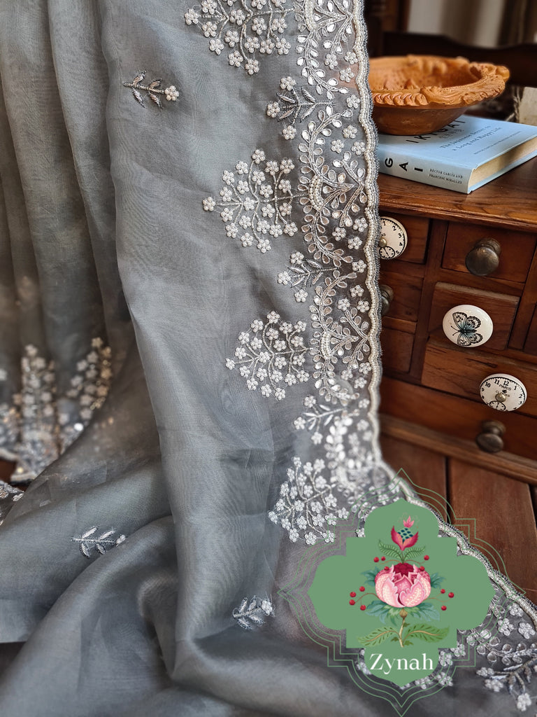 Zynah Grey Color Organza Silk Saree with Cut-dana Work, Pearls, Beads, Gotapatti Work; Custom Stitched/Ready-made Blouse, Fall, Petticoat; Shipping available USA, Worldwide