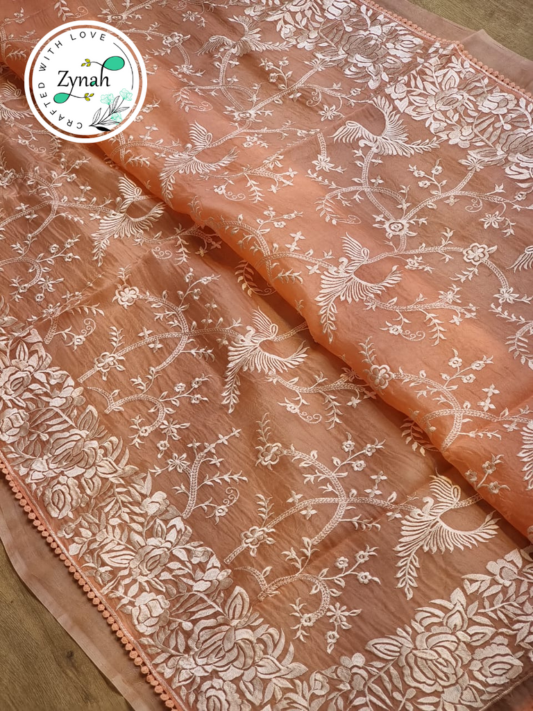 Zynah Orange Color Pure Organza Silk Saree with Parsi Gara Inspired Embroidery & Crochet Lace; Custom Stitched/Ready-made Blouse, Fall, Petticoat; Shipping available USA, Worldwide