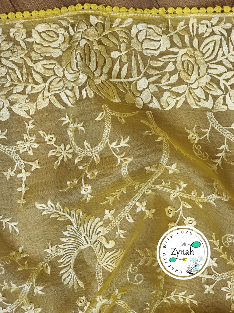 Zynah Yellow Color Pure Organza Silk Saree with Parsi Gara Inspired Embroidery & Crochet Lace; Custom Stitched/Ready-made Blouse, Fall, Petticoat; Shipping available USA, Worldwide