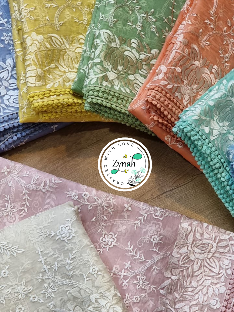 Zynah Off-white Color Pure Organza Silk Saree with Parsi Gara Inspired Embroidery & Crochet Lace; Custom Stitched/Ready-made Blouse, Fall, Petticoat; Shipping available USA, Worldwide
