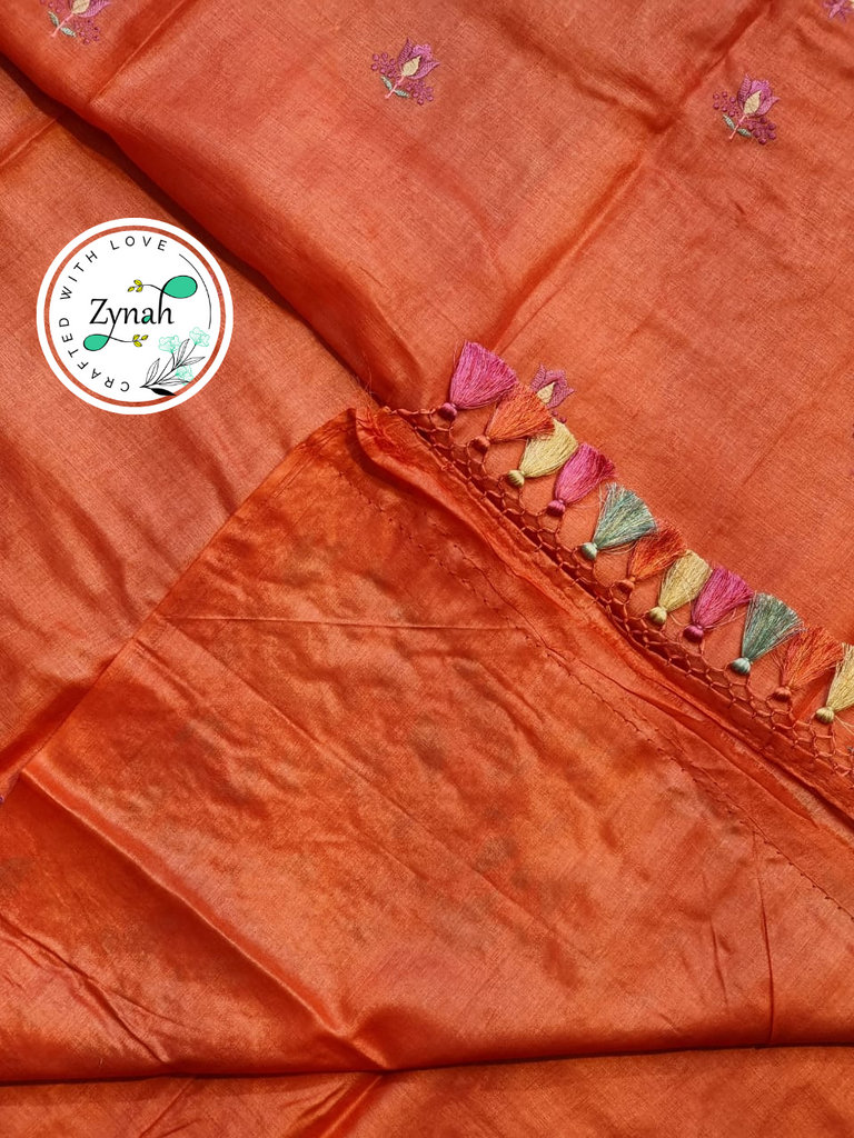 Zynah Pink Color Pure Tussar Silk Embroidered Saree with Vibrant Tassels; Custom Stitched/Ready-made Blouse, Fall, Petticoat; Shipping available USA, Worldwide