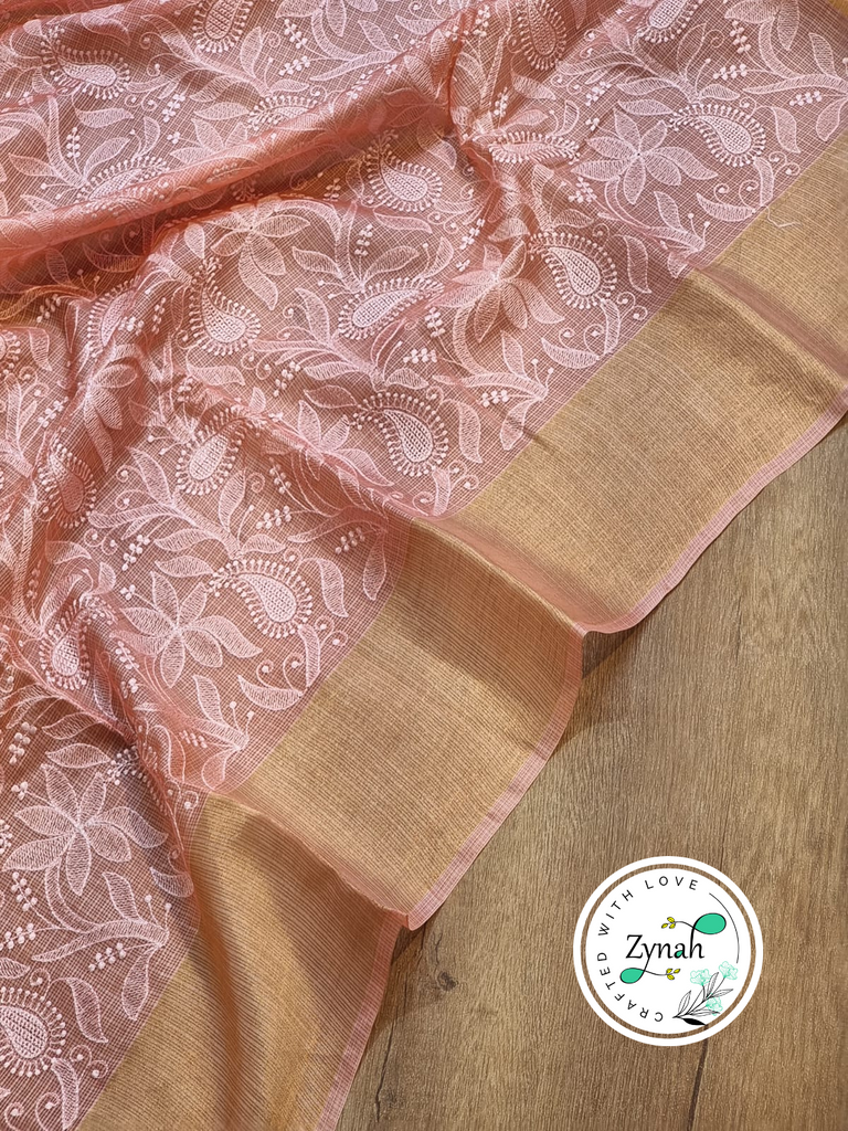 Zynah Peach Color Pure Tussar Kota Silk Saree with Heavy Chikankari Embroidery With Double Ghiccha Pallu and Heavy Tassels; Custom Stitched/Ready-made Blouse, Fall, Petticoat; Shipping available USA, Worldwide
