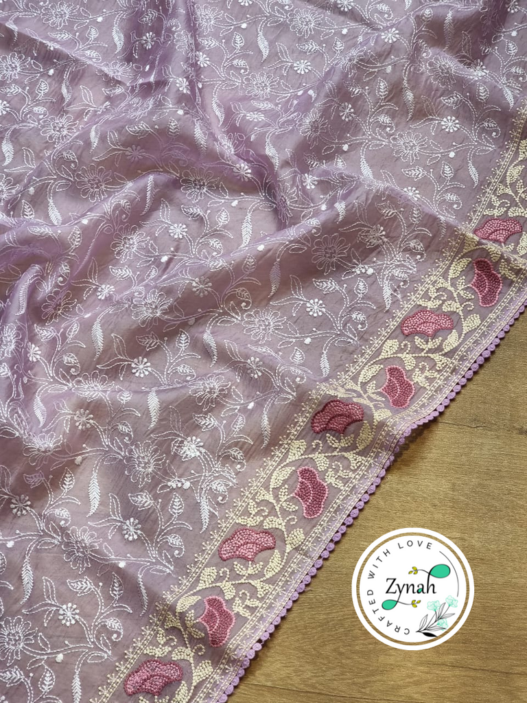 Zynah Violet Color Pure Organza Silk Chikankari  Embroidery Saree with Crochet Lace  in Pastel Shades; Available in many colors; stitched readymade blouse,fall,petticoat,available in USA