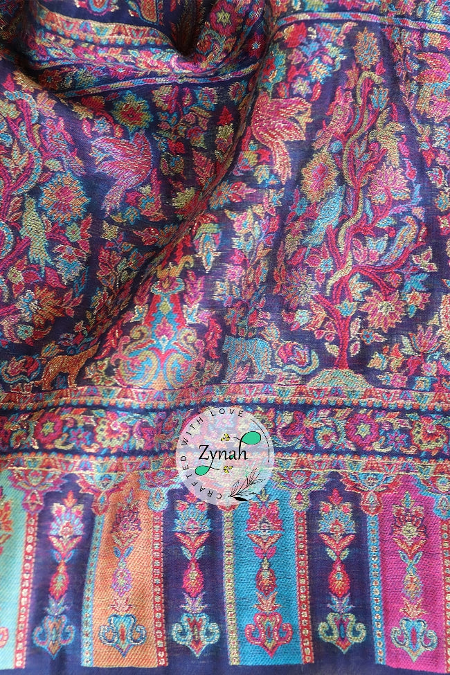 Zynah Pure Silk Kani Jamawar Saree with Grand Pallu & Border; Custom Stitched/Ready-made Blouse, Fall, Petticoat; Shipping available USA, Worldwide