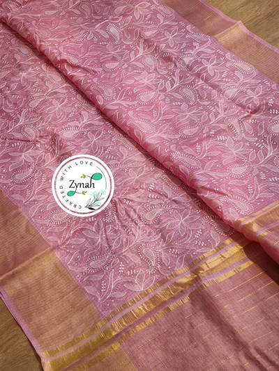Zynah Pink Color Pure Tussar Kota Silk Saree with Heavy Chikankari Embroidery With Double Ghiccha Pallu and Heavy Tassels; Custom Stitched/Ready-made Blouse, Fall, Petticoat; Shipping available USA, Worldwide