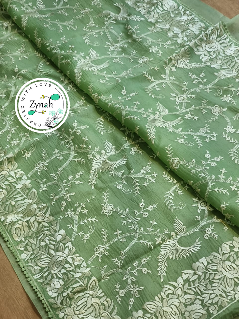 Zynah Teal Color Pure Organza Silk Saree with Parsi Gara Inspired Embroidery & Crochet Lace; Custom Stitched/Ready-made Blouse, Fall, Petticoat; Shipping available USA, Worldwide