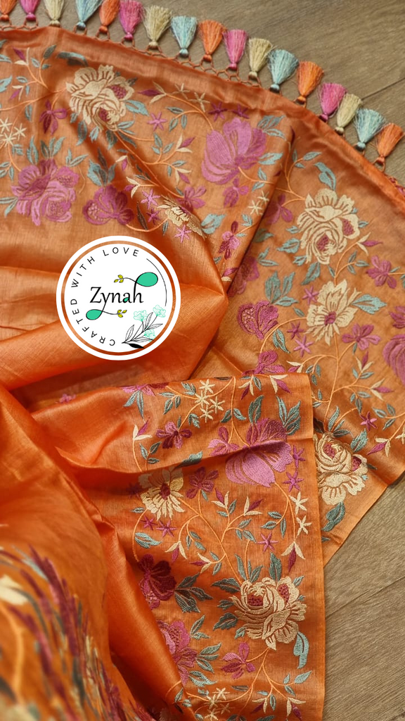 Zynah Orange Color Pure Tussar Silk Embroidered Saree with Vibrant Tassels; Custom Stitched/Ready-made Blouse, Fall, Petticoat; Shipping available USA, Worldwide