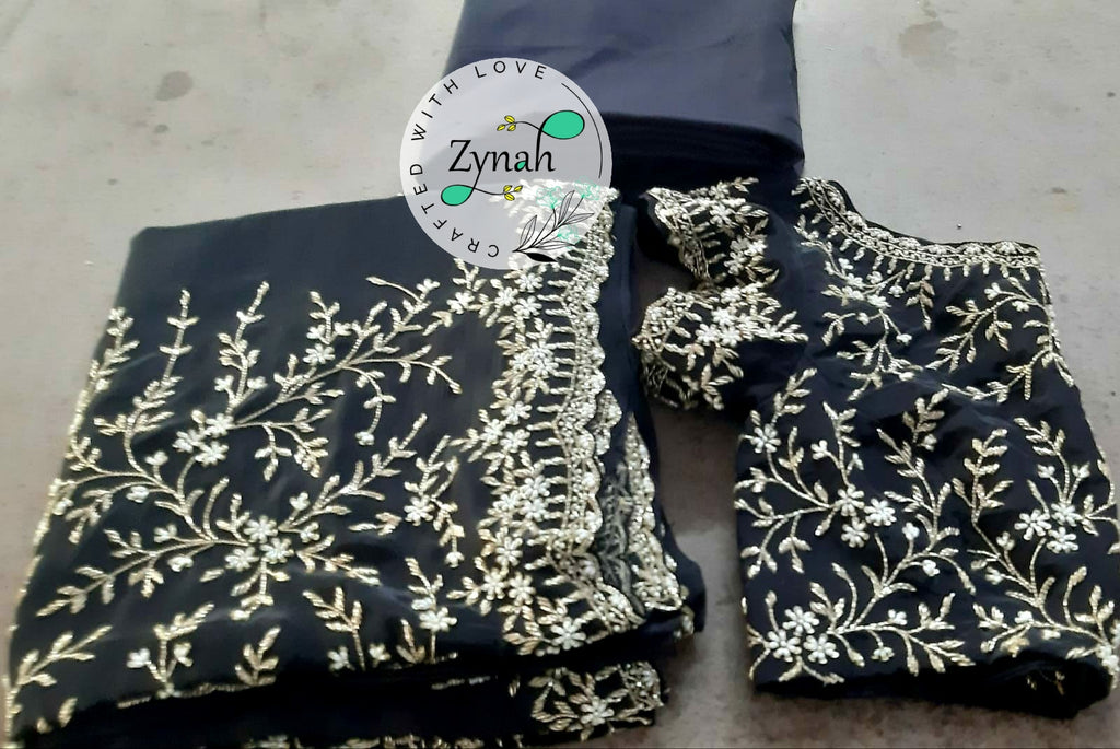 Zynah Pure Crepe Silk Saree with Beads, Pearl, Cut-dana Hand-work; Custom Stitched/Ready-made Blouse, Fall, Petticoat; Shipping available USA, Worldwide