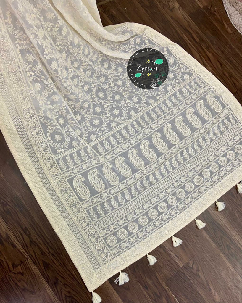 Zynah Pure Georgette Chikankari Saree; Custom Stitched/Ready-made Blouse, Fall, Petticoat; Shipping available USA, Worldwide