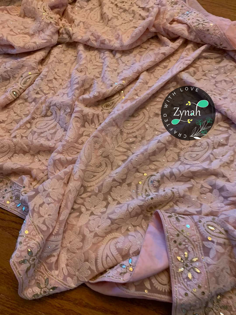 Zynah Pure Georgette Saree, Chikankari with Gotapatti Cut-work; Custom Stitched/Ready-made Blouse, Fall, Petticoat; Shipping available USA, Worldwide