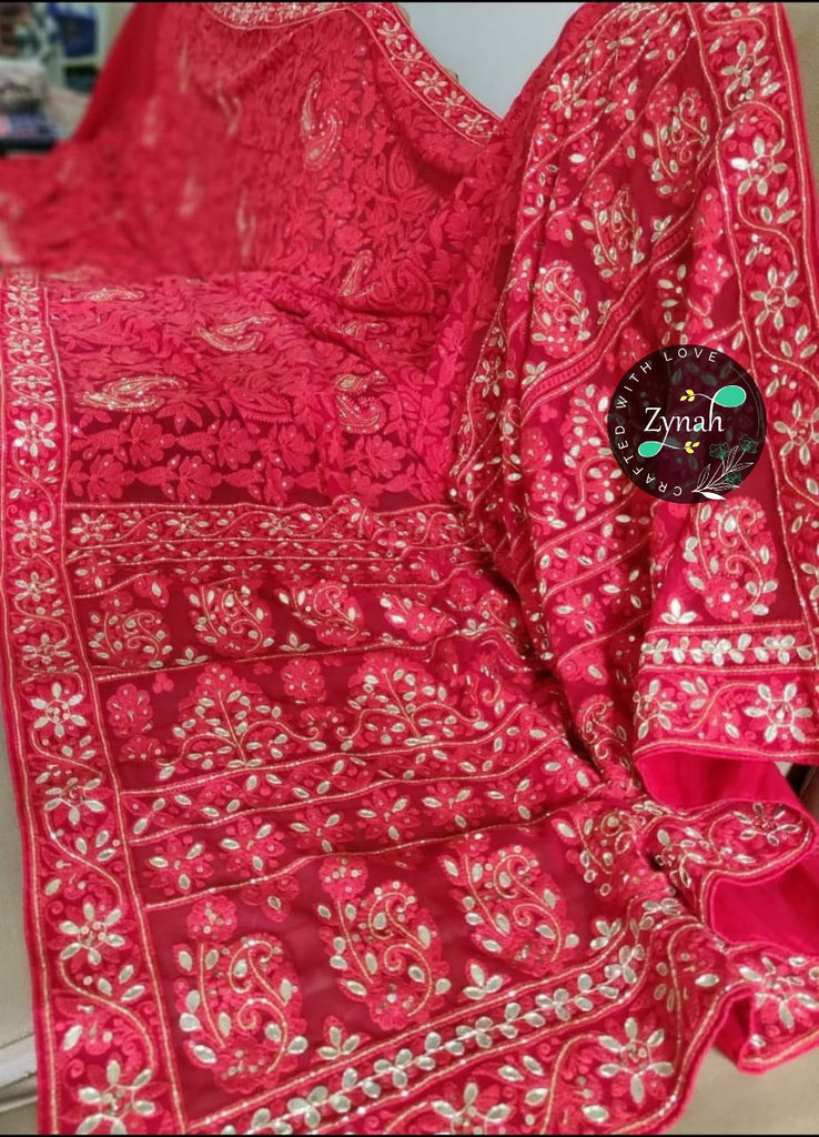 Zynah Pure Georgette Saree, Chikankari with Gotapatti Cut-work; Custom Stitched/Ready-made Blouse, Fall, Petticoat; Shipping available USA, Worldwide