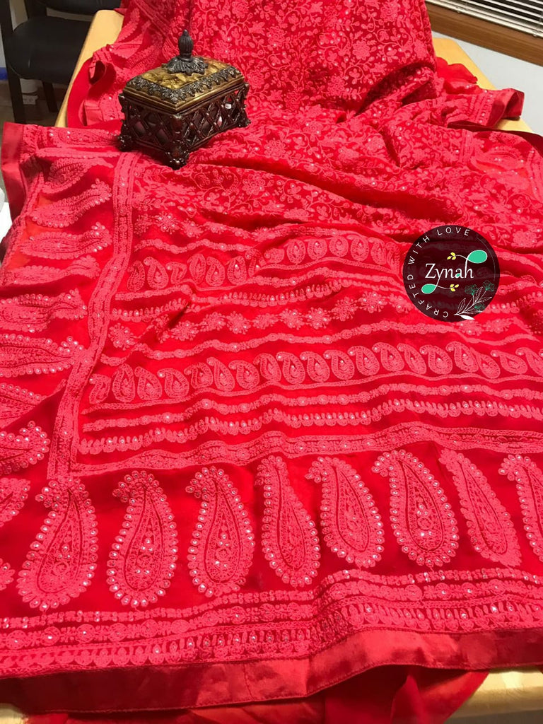 Zynah Pure Georgette Saree with Chikankari & Sequence Work; Custom Stitched/Ready-made Blouse, Fall, Petticoat; Shipping available USA, Worldwide