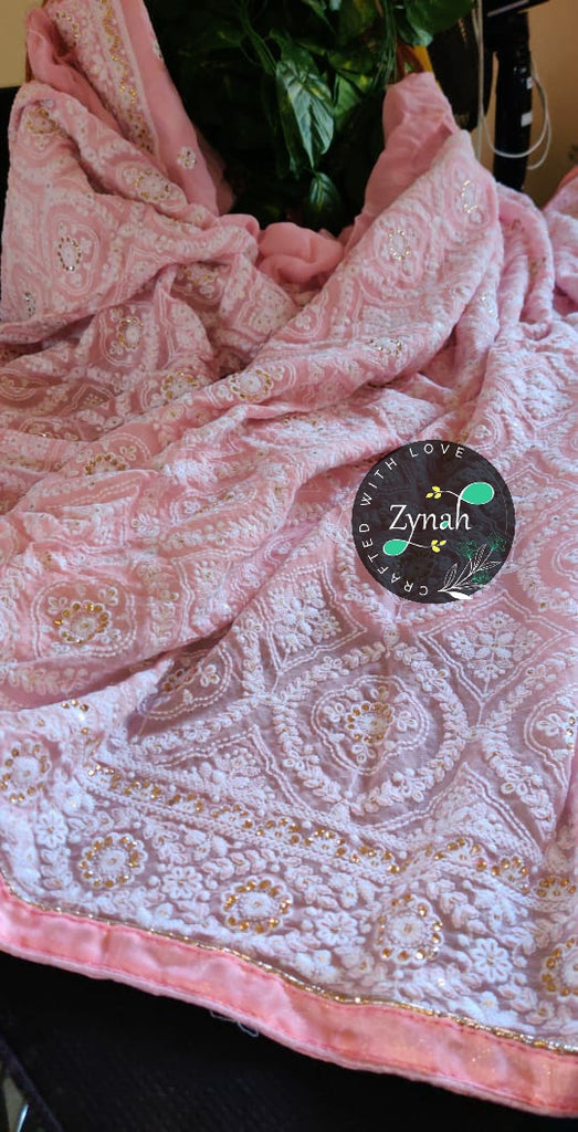 Zynah Pure Georgette Chikankari Saree with Sequence work; Custom Stitched/Ready-made Blouse, Fall, Petticoat; Shipping available USA, Worldwide