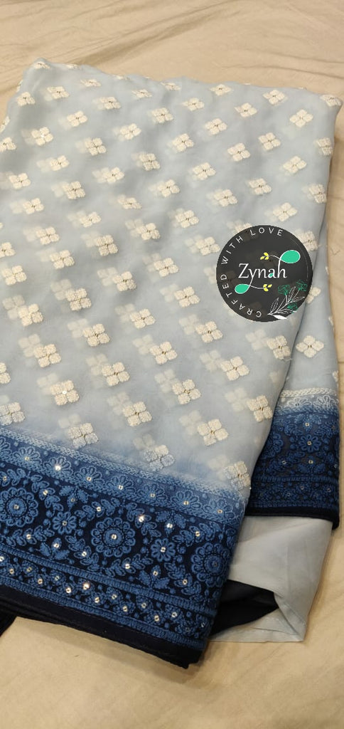 Zynah Pure Georgette Double-shaded Chikankari Saree with Sequence work; Custom Stitched/Ready-made Blouse, Fall, Petticoat; Shipping available USA, Worldwide