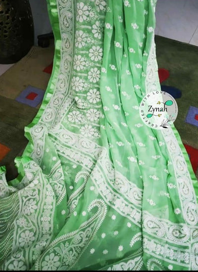 Zynah Pure Georgette Chikankari Saree with Sequence work; Custom Stitched/Ready-made Blouse, Fall, Petticoat; Shipping available USA, Worldwide