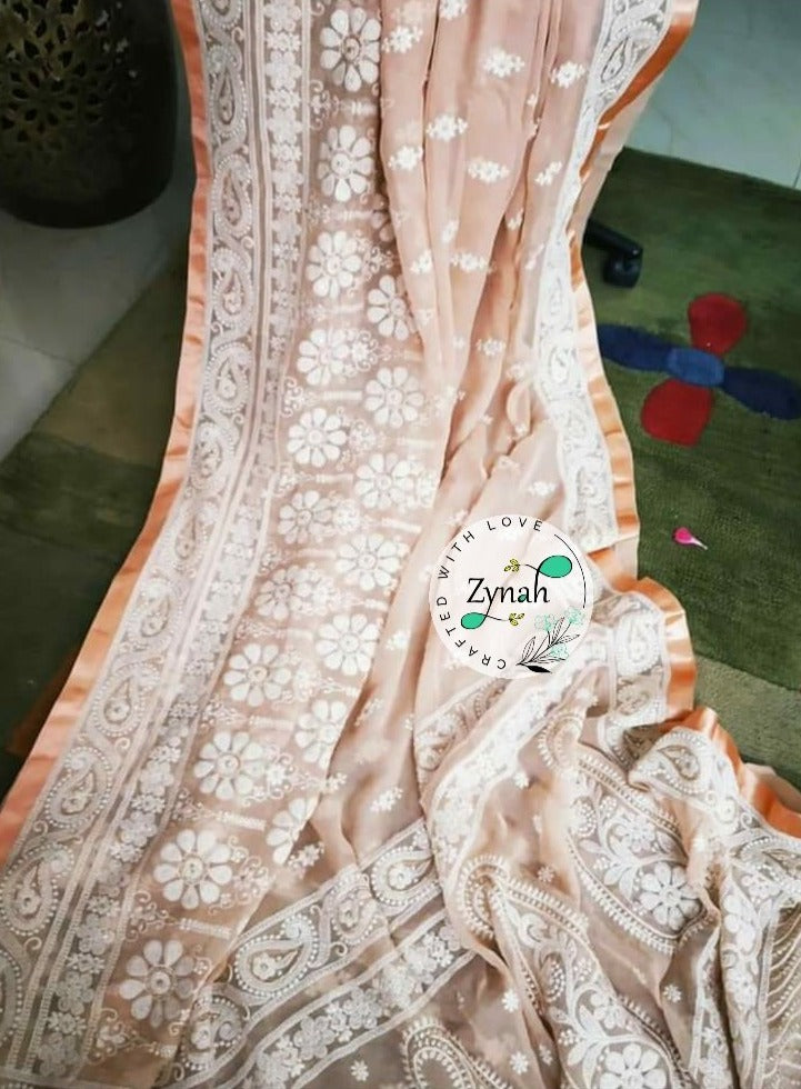 Zynah Pure Georgette Chikankari Saree with Sequence work; Custom Stitched/Ready-made Blouse, Fall, Petticoat; Shipping available USA, Worldwide