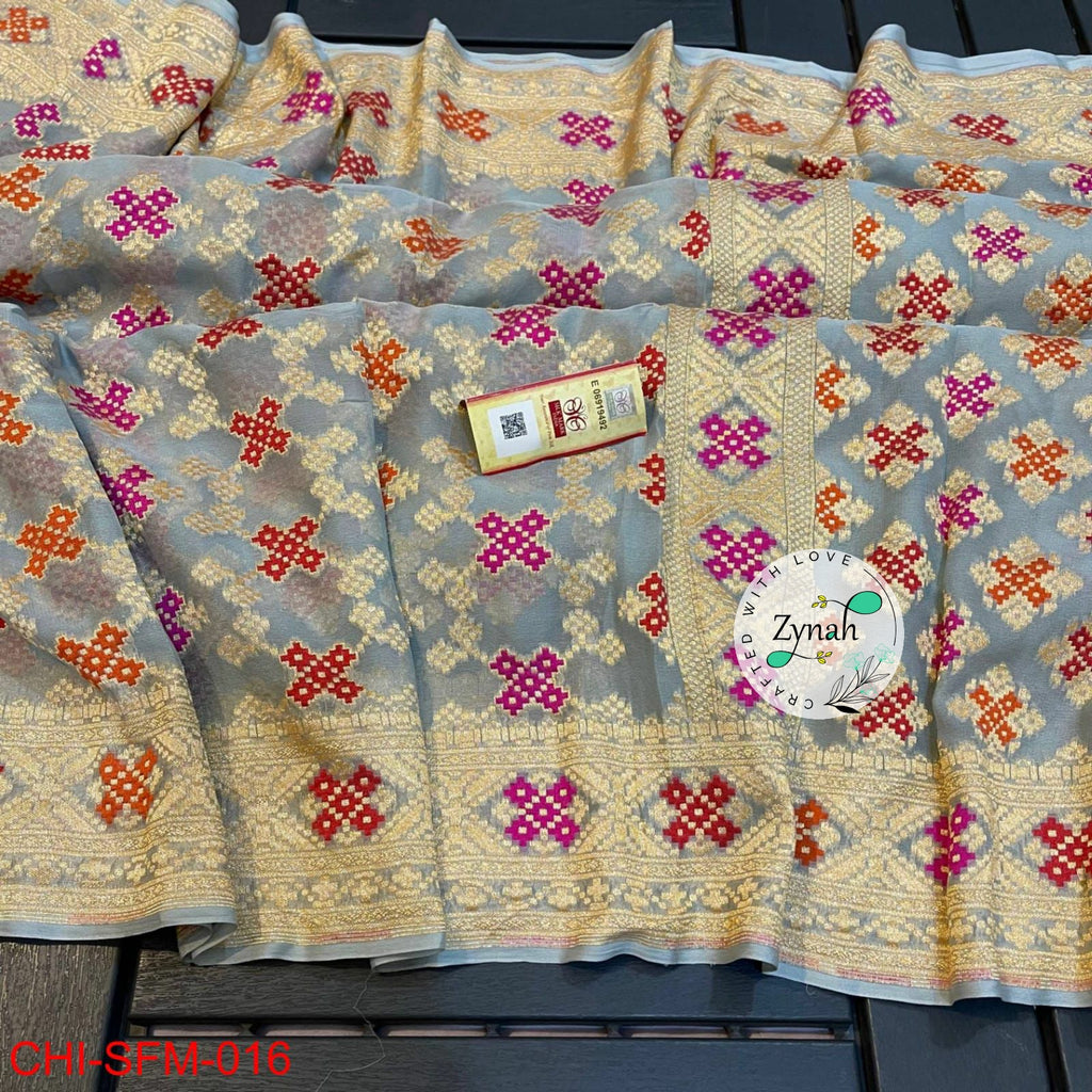 Zynah Pure Khaddi Georgette Meenakari Saree with Golden Zari Weave; Custom Stitched/Ready-made Blouse, Fall, Petticoat; Shipping available USA, Worldwide