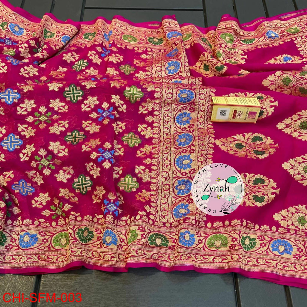 Zynah Pure Khaddi Georgette Meenakari Saree with Golden Zari Weave; Custom Stitched/Ready-made Blouse, Fall, Petticoat; Shipping available USA, Worldwide