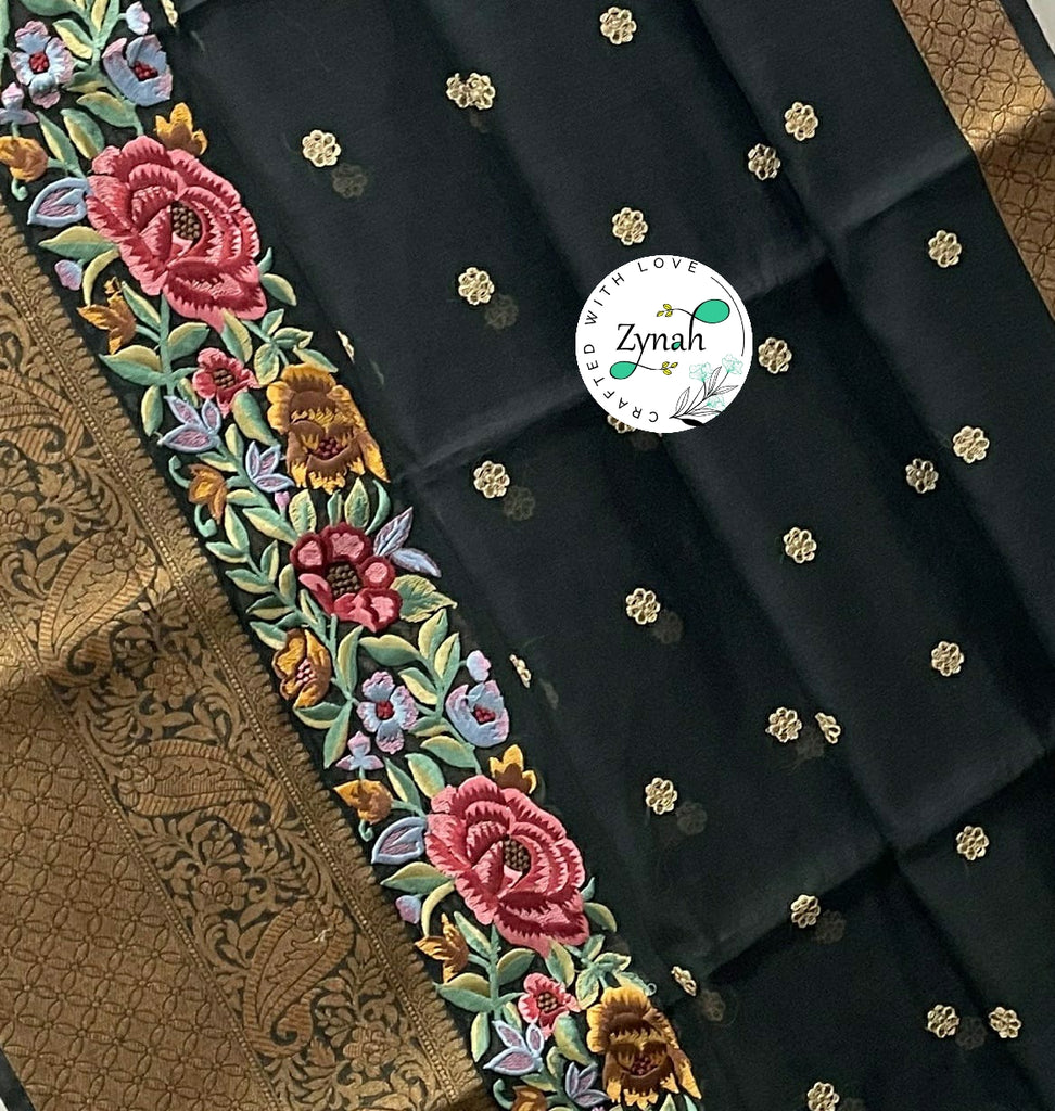 Zynah Pure Chanderi Silk Saree with Thread Embroidery, Zari Weave border & Tissue Blouse piece; Custom Stitched/Ready-made Blouse, Fall, Petticoat; Shipping available USA, Worldwide