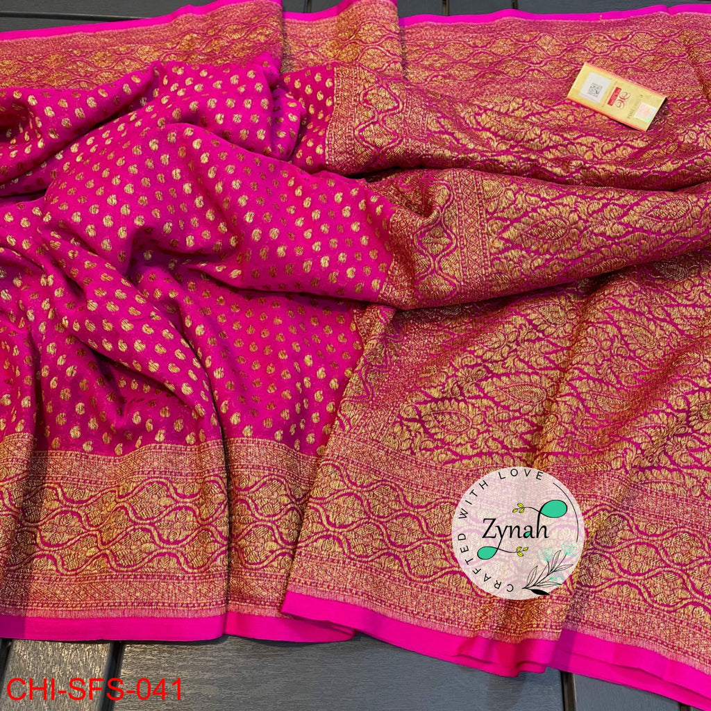 Zynah Pure Khaddi Georgette Saree with Golden Zari Weave; Custom Stitched/Ready-made Blouse, Fall, Petticoat; Shipping available USA, Worldwide