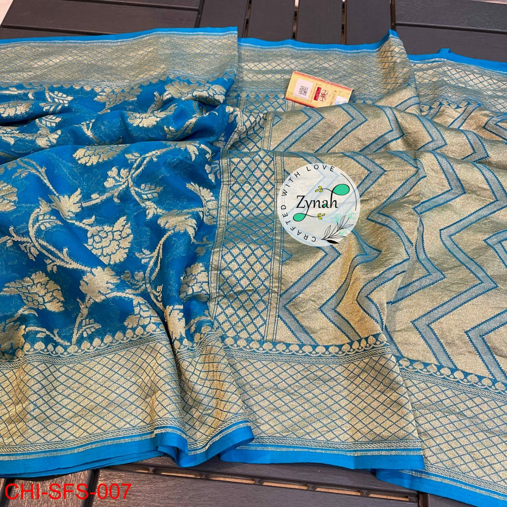 Zynah Pure Khaddi Georgette Saree with Golden Zari Weave; Custom Stitched/Ready-made Blouse, Fall, Petticoat; Shipping available USA, Worldwide