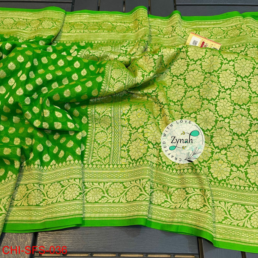 Zynah Pure Khaddi Georgette Saree with Golden Zari Weave; Custom Stitched/Ready-made Blouse, Fall, Petticoat; Shipping available USA, Worldwide