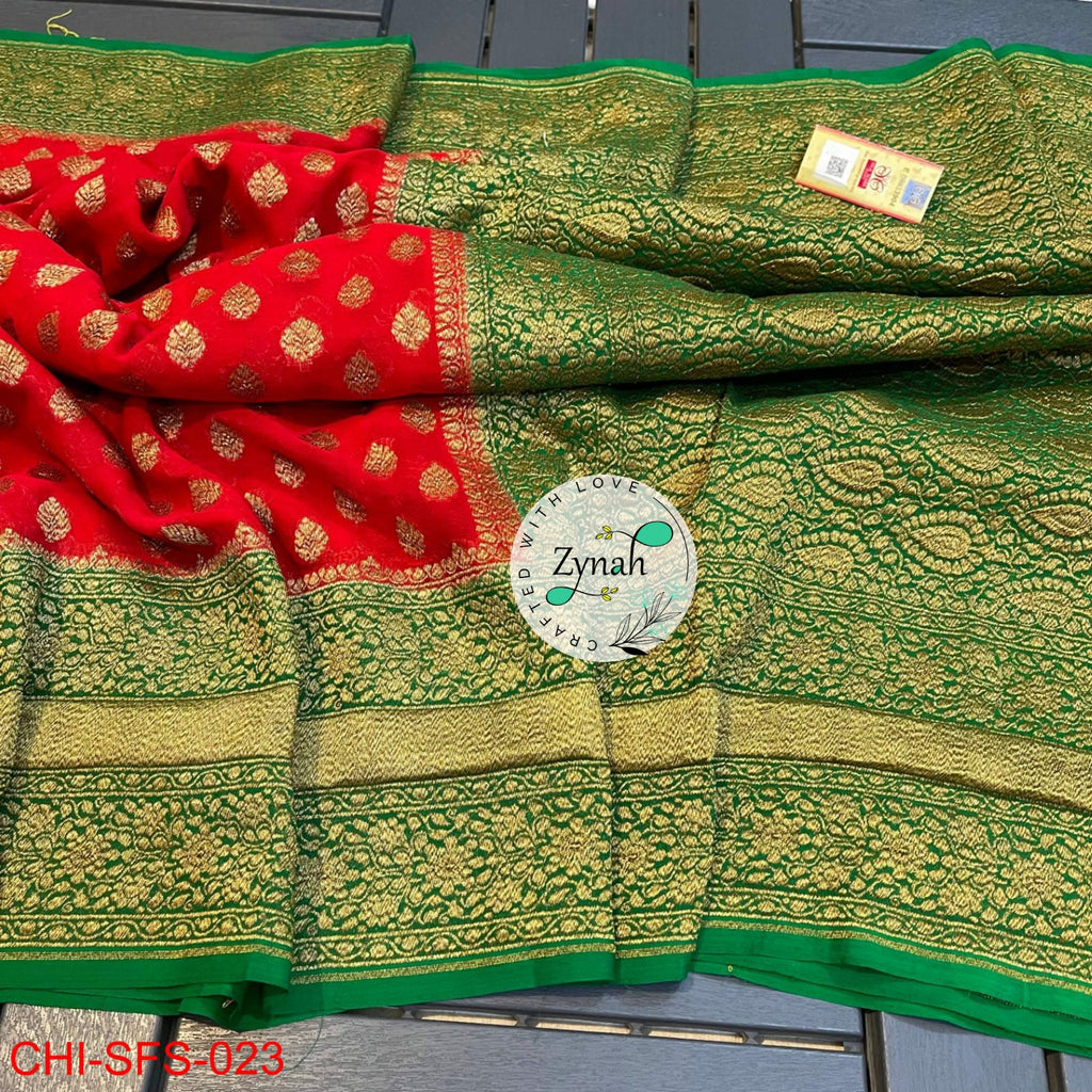 Zynah Pure Khaddi Georgette Saree with Golden Zari; Custom Stitched/Ready-made Blouse, Fall, Petticoat; Shipping available USA, Worldwide