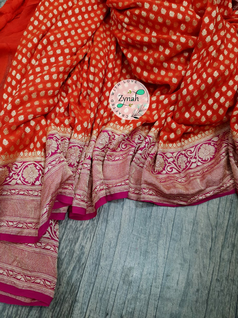 Zynah Pure Khaddi Georgette Saree with Golden Zari Weave; Custom Stitched/Ready-made Blouse, Fall, Petticoat; Shipping available USA, Worldwide