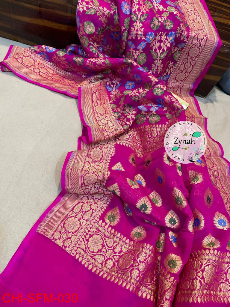 Zynah Pure Khaddi Georgette Meenakari Saree with Golden Zari Weave; Custom Stitched/Ready-made Blouse, Fall, Petticoat; Shipping available USA, Worldwide