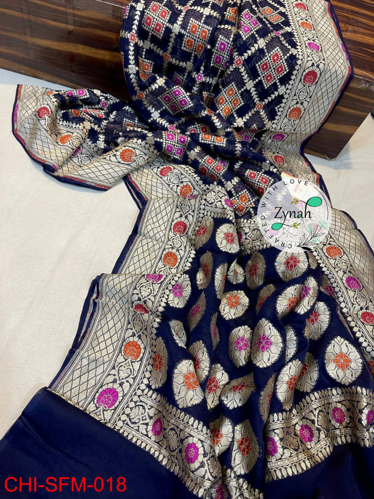 Zynah Pure Khaddi Georgette Meenakari Saree with Golden Zari Weave; Custom Stitched/Ready-made Blouse, Fall, Petticoat; Shipping available USA, Worldwide