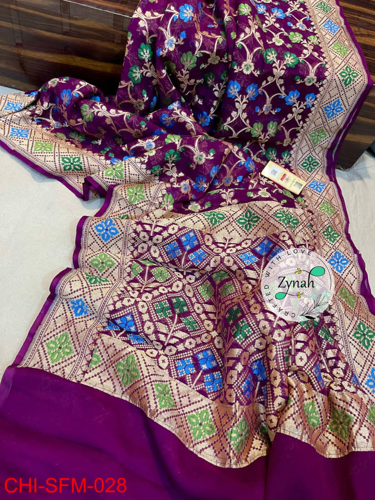 Zynah Pure Khaddi Georgette Meenakari Saree with Golden Zari Weave; Custom Stitched/Ready-made Blouse, Fall, Petticoat; Shipping available USA, Worldwide