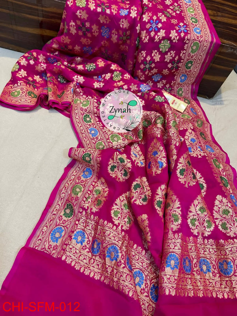Zynah Pure Khaddi Georgette Meenakari Saree with Golden Zari Weave; Custom Stitched/Ready-made Blouse, Fall, Petticoat; Shipping available USA, Worldwide