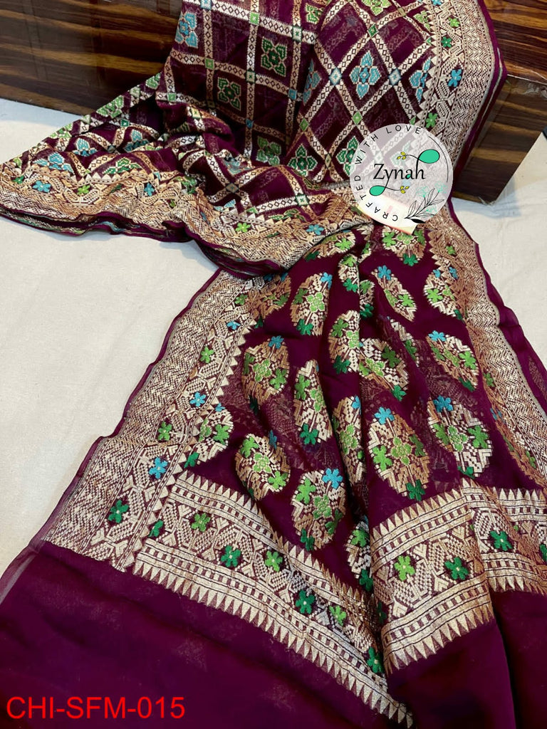 Zynah Pure Khaddi Georgette Meenakari Saree with Golden Zari Weave; Custom Stitched/Ready-made Blouse, Fall, Petticoat; Shipping available USA, Worldwide