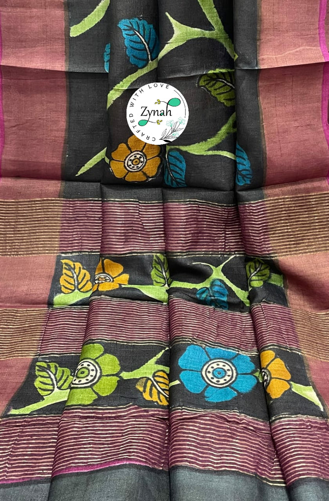 Zynah Pure Tussar Silk Hand-painted Kalamkari Saree; Custom Stitched/Ready-made Blouse, Fall, Petticoat; Shipping available USA, Worldwide