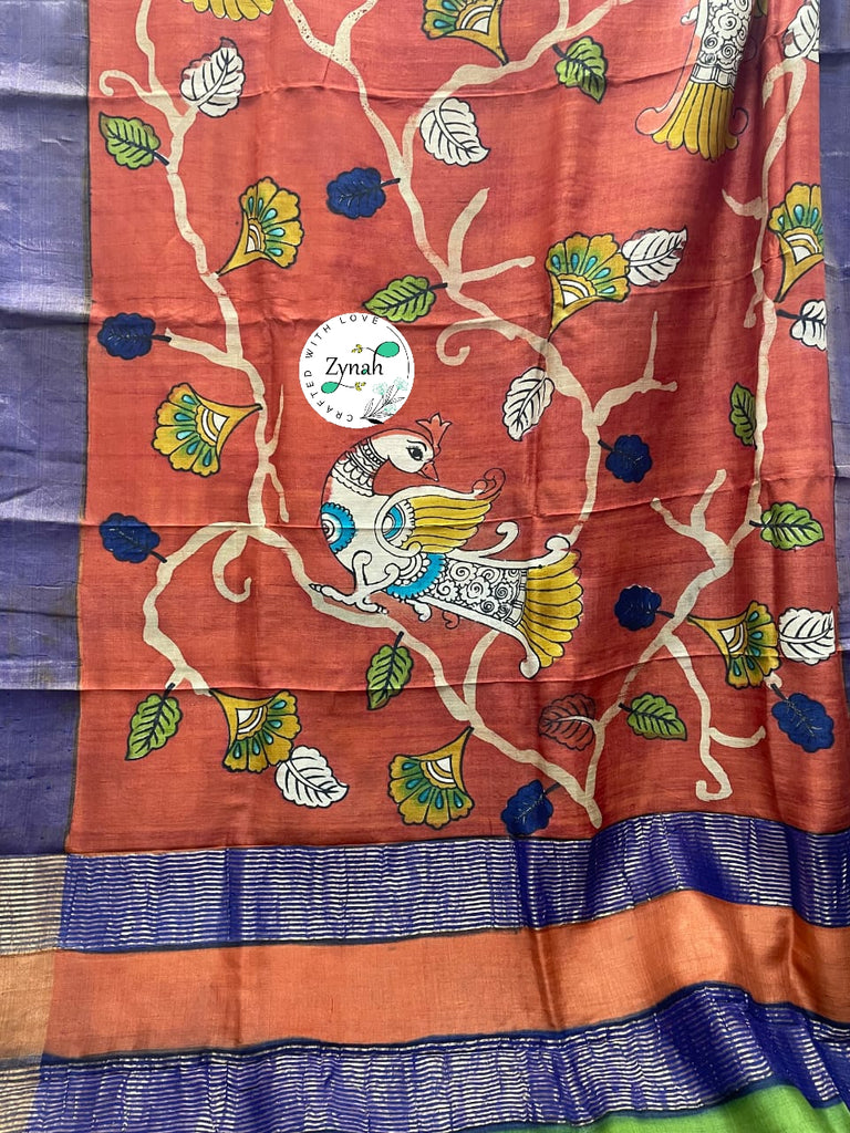 Zynah Pure Tussar Silk Hand-painted Kalamkari Saree; Custom Stitched/Ready-made Blouse, Fall, Petticoat; Shipping available USA, Worldwide