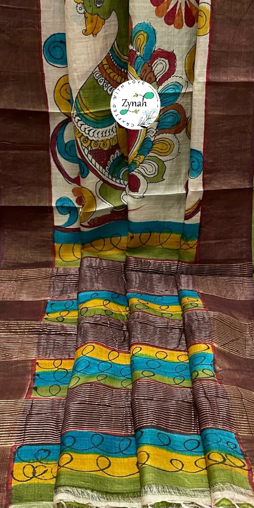 Zynah Pure Tussar Silk Hand-painted Kalamkari Saree; Custom Stitched/Ready-made Blouse, Fall, Petticoat; Shipping available USA, Worldwide
