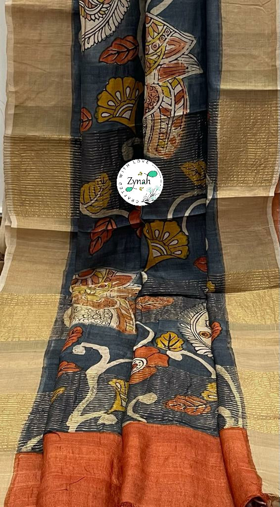 Zynah Pure Tussar Silk Hand-painted Kalamkari Saree; Custom Stitched/Ready-made Blouse, Fall, Petticoat; Shipping available USA, Worldwide