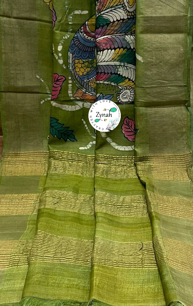 Zynah Pure Tussar Silk Hand-painted Kalamkari Saree; Custom Stitched/Ready-made Blouse, Fall, Petticoat; Shipping available USA, Worldwide