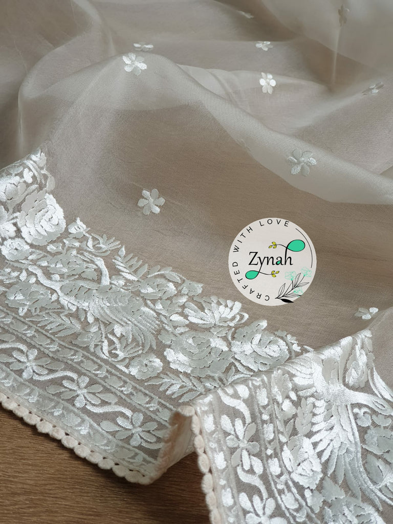 Zynah Pure Organza Silk Saree with Parsi Gara Embroidery & Crochet Lace; Custom Stitched/Ready-made Blouse, Fall, Petticoat; Shipping available USA, Worldwide