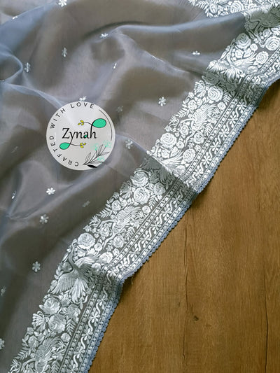 Zynah Pure Organza Silk Saree with Parsi Gara Embroidery & Crochet Lace; Custom Stitched/Ready-made Blouse, Fall, Petticoat; Shipping available USA, Worldwide