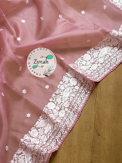 Zynah Pure Organza Silk Saree with Parsi Gara Embroidery & Crochet Lace; Custom Stitched/Ready-made Blouse, Fall, Petticoat; Shipping available USA, Worldwide