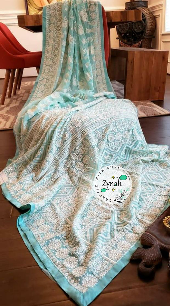 Zynah Pure Georgette Saree with Chikankari Work; Custom Stitched/Ready-made Blouse, Fall, Petticoat; Shipping available USA, Worldwide