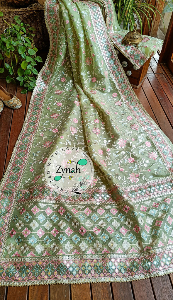 Zynah Pure Organza Silk Saree with Gotapatti Lace, Foil & Thread Embroidery Work; Custom Stitched/Ready-made Blouse, Fall, Petticoat; Shipping available USA, Worldwide